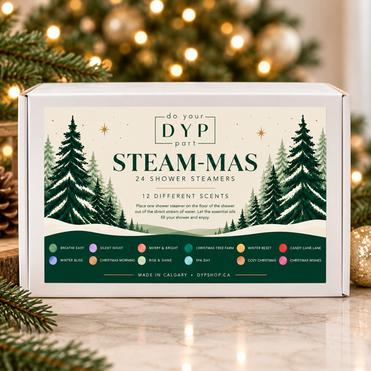 DYP 12 Days of Steam-mas shower steamer gift box with 24 steamers in 12 essential oil scents