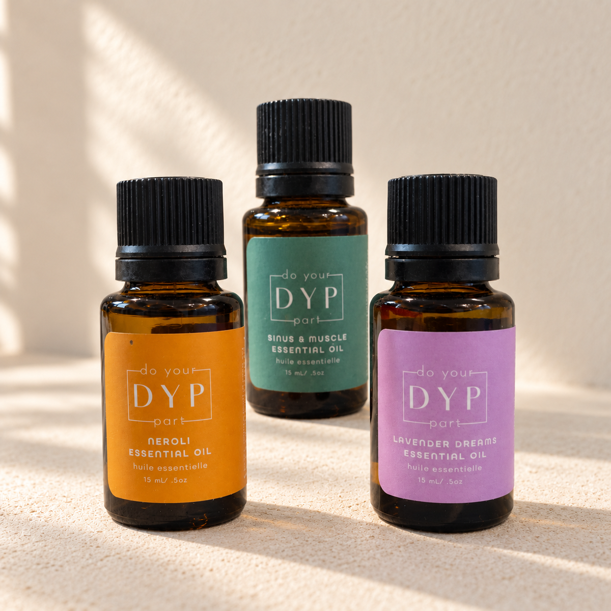 DYP Signature Essential Oil Blends – Neroli, Sinus & Muscle and Lavender Dreams 15 mL amber bottles